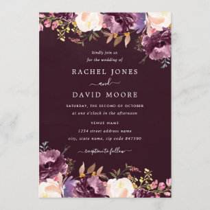 Waterverf Paarse Bourgondische bloemenbruiloft Kaart