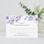 Waterverf paarse bruiloft. Lila botanisch RSVP Kaartje (Staand voorkant)
