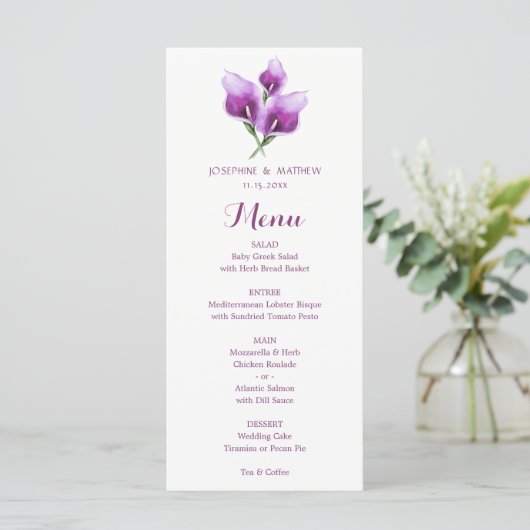 Waterverf Paarse Calla Lily Bloemenbruiloft Menu (Staand voorkant)