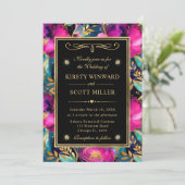 Waterverf Paarse en Blauwgroen Bloemen Bruiloft Kaart (Staand voorkant)