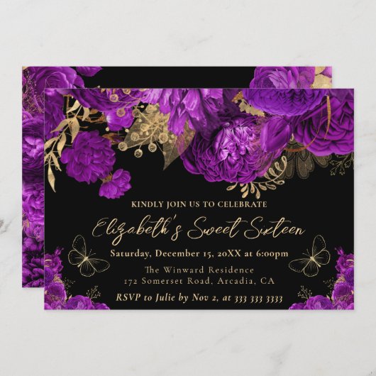 Waterverf Paarse en gouden bloemen Sweet Sixteen Kaart (Voorkant / Achterkant)