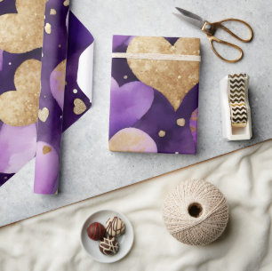 Waterverf Paarse en Gouden Inkt Valentijnsharten Cadeaupapier