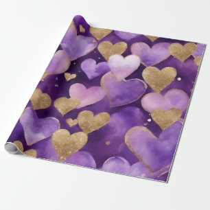 Waterverf Paarse en Gouden Inkt Valentijnsharten Cadeaupapier