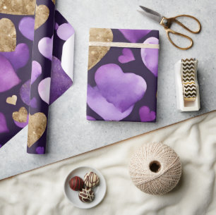 Waterverf Paarse en Gouden Inkt Valentijnsharten Cadeaupapier