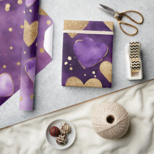 Waterverf Paarse en Gouden Inkt Valentijnsharten Cadeaupapier