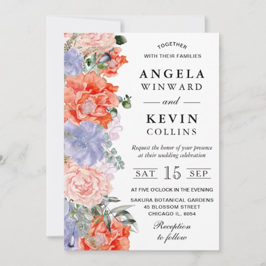 Waterverf Paarse en Oranje bloemen bruiloft Kaart (Voorkant)