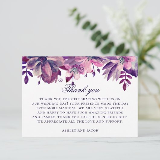 Waterverf paarse en roze bloemen. Floral bruiloft Bedankkaart (Staand voorkant)