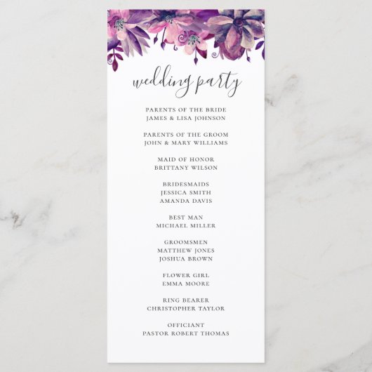 Waterverf paarse en roze florale bruiloft programma (Achterkant)