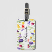 Waterverf Paarse en Witte Monogram Tulpenpatroon Bagagelabel (Voorkant (verticaal))