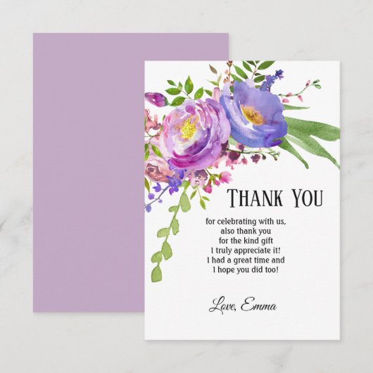 waterverf paarse floral, dank u wel! kaart (Voorkant / Achterkant)