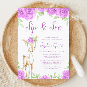 Waterverf Paarse Floral Deer Girl Sip en zie Kaart