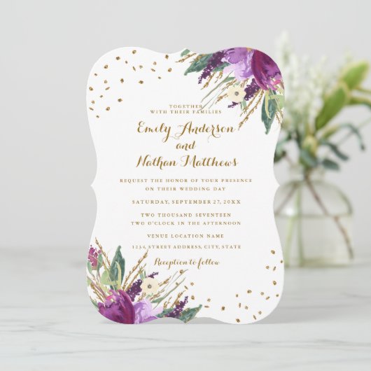 Waterverf Paarse Gouden Bloem Huwelijksuitnodiging Kaart (Staand voorkant)