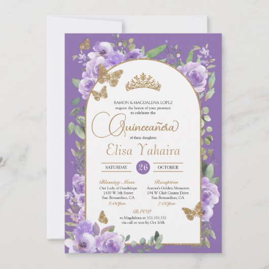 Waterverf Paarse & Gouden Vlinder Quinceañera Kaart (Voorkant)