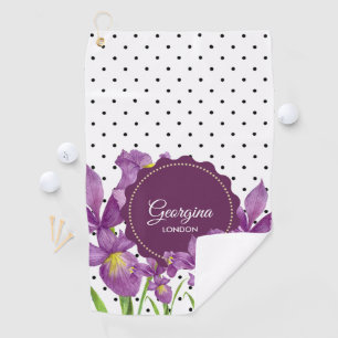 Waterverf Paarse Iris Black White Polka Dots Golfhanddoek