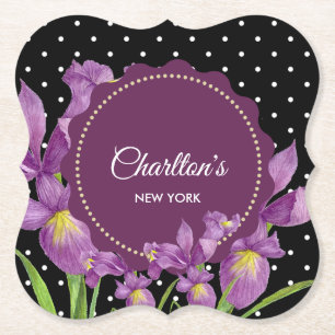 Waterverf Paarse Iris Black White Polka Dots Kartonnen Onderzetters