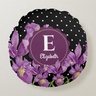 Waterverf Paarse Iris Black White Polka Dots Rond Kussen