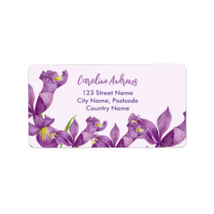 Waterverf Paarse iris botanisch adres Etiket