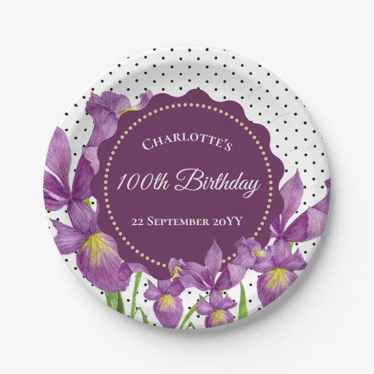 Waterverf Paarse Iris Botanische pooldots Papieren Bordje (Voorkant)