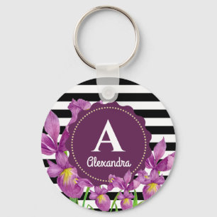 Waterverf Paarse Iris Floral Black White Stripes Sleutelhanger