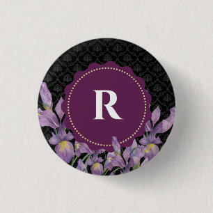 Waterverf Paarse iris zwart damast monogram Ronde Button 3,2 Cm