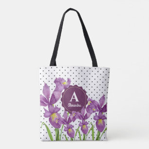 Waterverf Paarse Iris Zwart Wit Stippenpatroon Draagtas