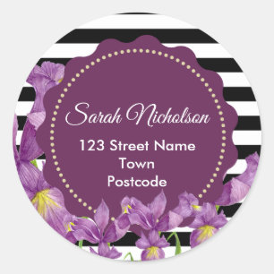 Waterverf Paarse Irissen Bloemen Zwart Wit Streep Ronde Sticker
