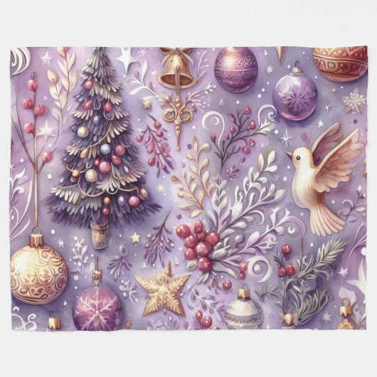 Waterverf Paarse Kerstmis Motieven Vakantie Fleece Deken (Voorkant (Horizontaal))