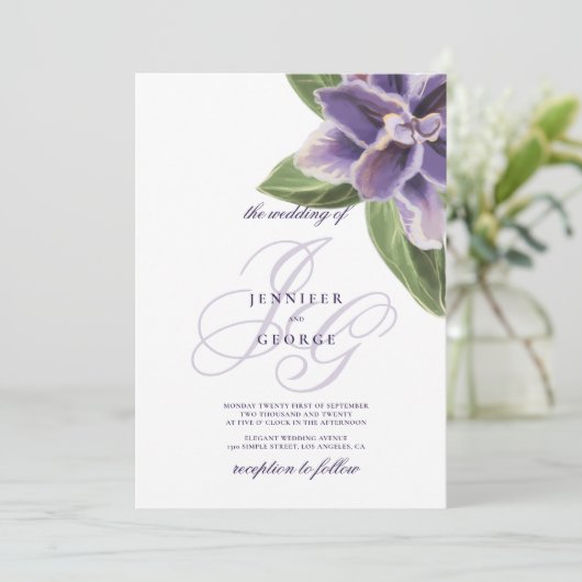 Waterverf paarse lavendel orchidee bruiloft i kaart (Staand voorkant)