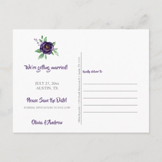 Waterverf Paarse & Lavendel Rozen Bewaar de datum Aankondigingskaart (Achterkant)