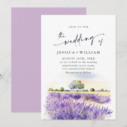 Waterverf Paarse lavender Field Wedding Kaart (Voorkant / Achterkant)