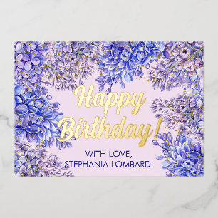 Waterverf Paarse Lila bloemen Birthday Gold Folie Feestdagenkaart