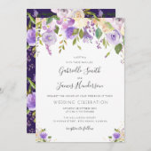 waterverf paarse, mauve en perzik bloemenbruiloft kaart (Voorkant / Achterkant)