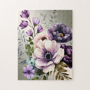 Waterverf Paarse Roze Bloemen Golden Elegant Legpuzzel