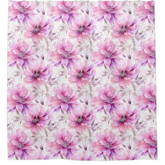 Waterverf Paarse Roze Bloemen Lente Patroon Douchegordijn (Voorkant)