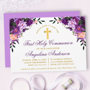 Waterverf Paarse Violette Bloemen Communie Goud Kaart