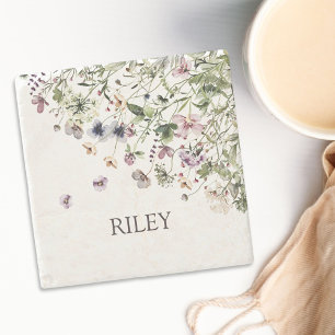 Waterverf Paarse Wilde Bloemen met Monogram Stenen Onderzetter