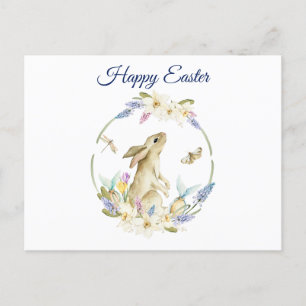 Waterverf paasbunny en lentbloemen feestdagenkaart