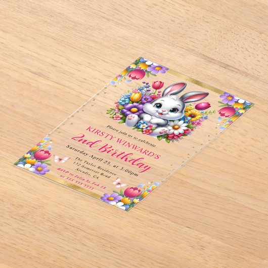 Waterverf Paaskonijn Lente Bloemen Verjaardag Acryl Uitnodigingen (Laagn)