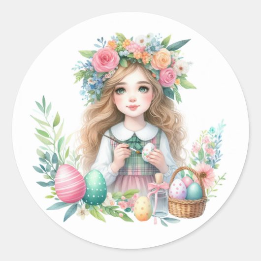 Waterverf Paasmeisje Ronde Sticker (Voorkant)