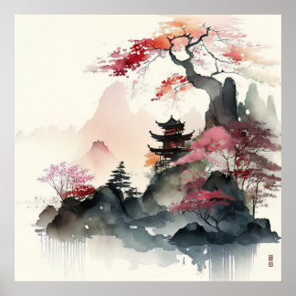 Waterverf Pagode Kunst Poster