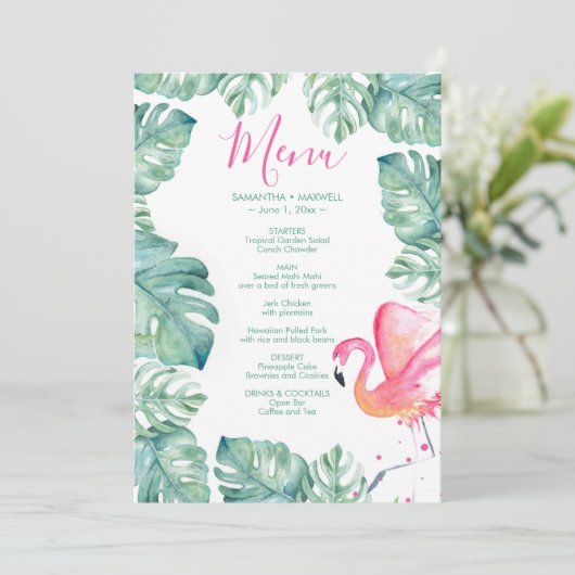Waterverf Palm blaast Roze Flamingo Tropical Menu Kaart (Staand voorkant)