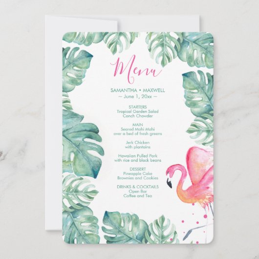 Waterverf Palm blaast Roze Flamingo Tropical Menu Kaart (Voorkant)
