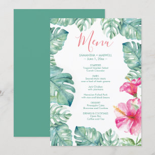 Waterverf Palm blaast Roze Hibiscus Tropisch Menu Kaart