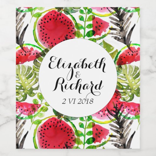 Waterverf palm bladeren watermeloen bruiloft monog wijn etiket (Enkel label)