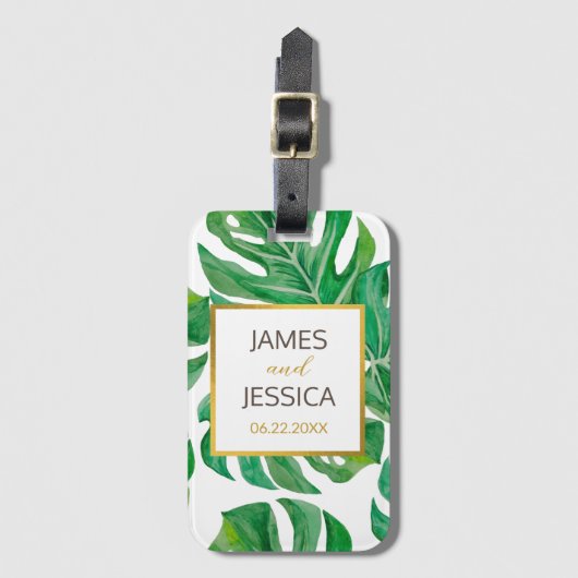 Waterverf Palm Leaves Personalized Wedding Favor Bagagelabel (Voorkant (verticaal))