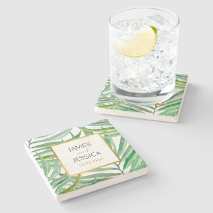Waterverf Palm Leaves Wedding Date Gift Stenen Onderzetter