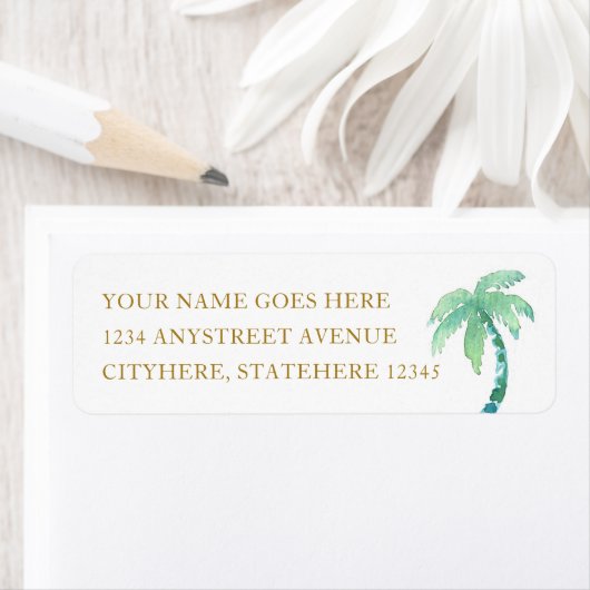 Waterverf Palm Tree Beach Island Retouradres Etiket (Insitu)