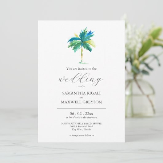 Waterverf Palm Tree Huwelijksuitnodiging (Staand voorkant)