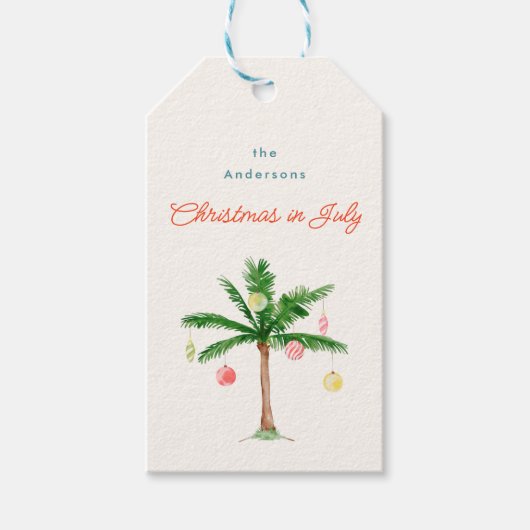 Waterverf Palm Tree Ornamenten Kerstmis in juli Cadeaulabel (Voorkant)