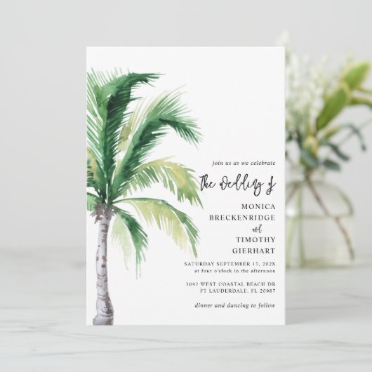 Waterverf Palm Tree Script Bestemmingsbruiloft Kaart (Staand voorkant)
